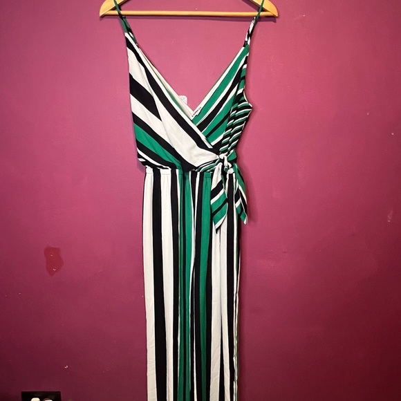 Express Jumpsuit Green Black White Striped Size: S (Short) - Picture 2 of 7